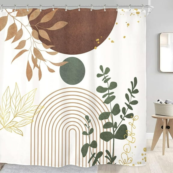 Mid Century Boho 4Pcs Bathroom Shower Curtain Sets Abstract Aesthetic Sun Modern Bathroom Decor Set with Rugs and Accessories Minimalist Toilet Lid Rug, Contour and Bath Mat with 12 Hooks