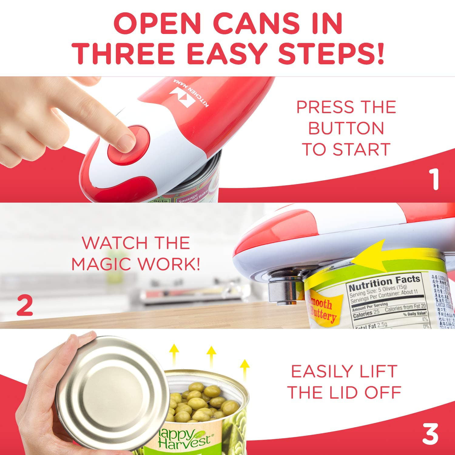 One Press to Open Can for Seniors Electric Can Opener Chef and Daily Cooking White+Red Ergonomic Can Openers Kitchen Mama Portable Battery Powered Automatic Smooth Edge Can Opener 