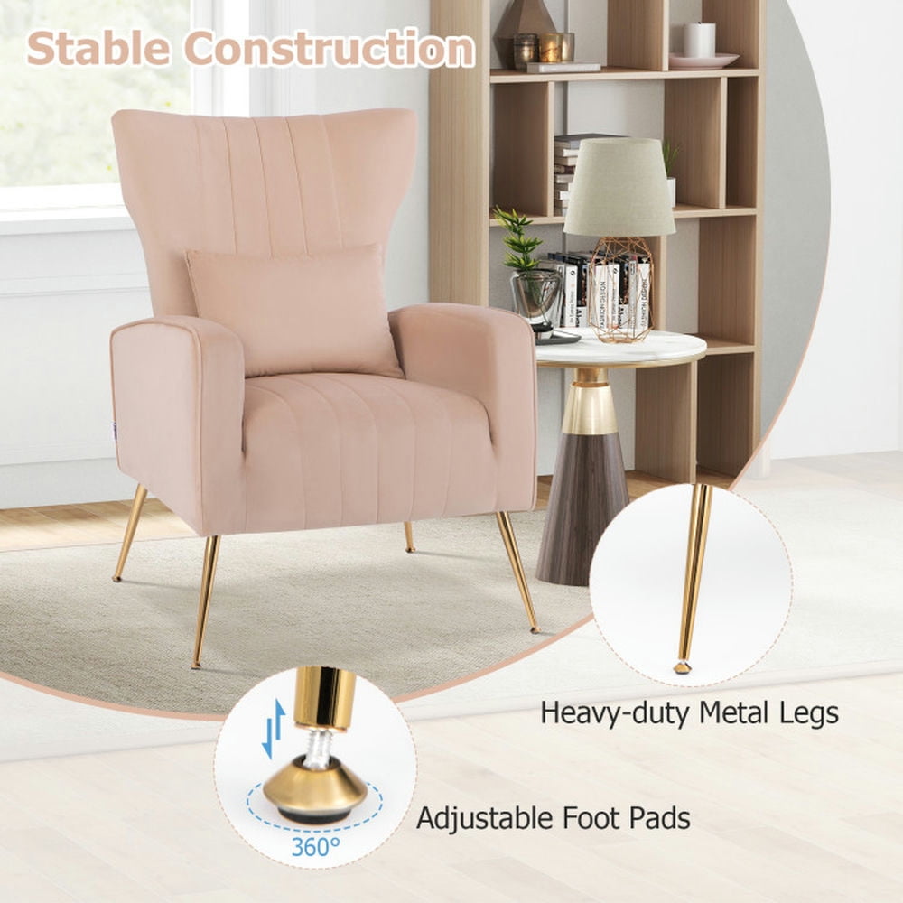 Finihen Accent Chair, Wingback Accent Armchair, Modern Accent Chair, Velvet Upholstered Wingback Chair with Lumbar Pillow and Golden Metal Legs, for Living Room, Bedroom, Pink Finihen Accent Chair, Wingback Accent Armchair, Modern Accent Chair, Velvet Upholstered Wingback Chair with Lumbar Pillow and Golden Metal Legs, for Living Room, Bedroom, Pink