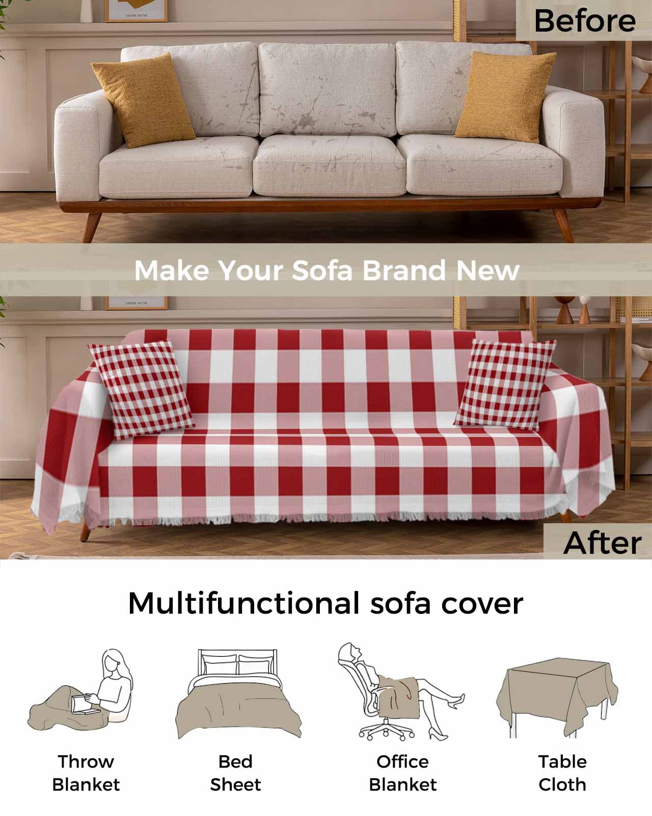 Farmhouse Buffalo Plaid Sofa Covers for 2-3 Cushion Couch L-Shaped Sectional, Red White Checkered Washable Sofa Covers Slipcover for Living Room Furniture, Couch Cover Blanket 71"x134"