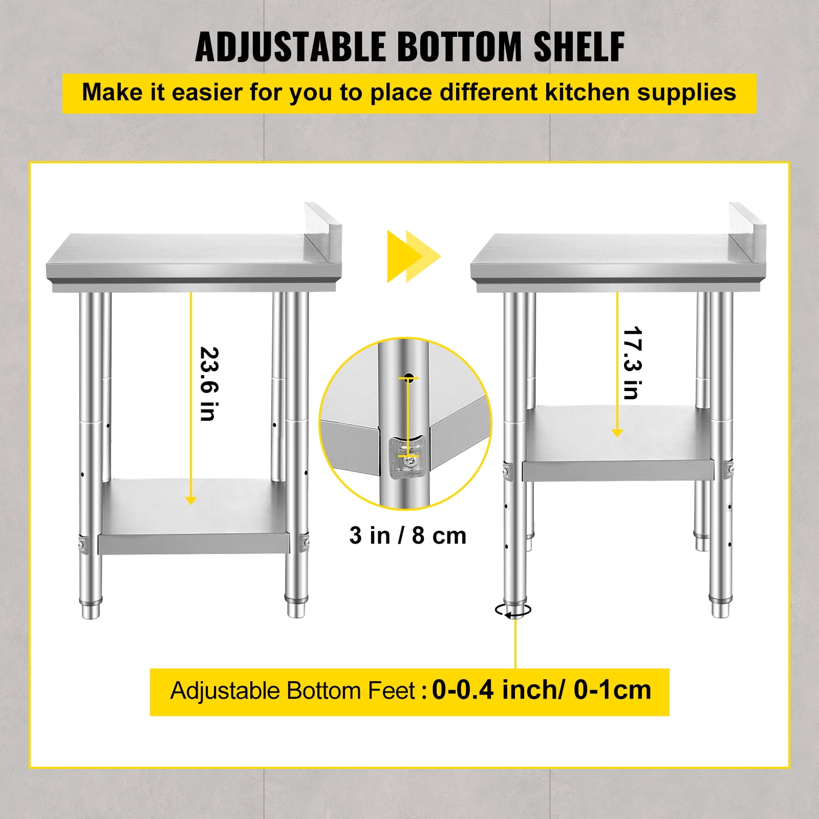 KFFKFF 24 x 24 x 35 Inch Stainless Steel Utility Table, Industrial Food Preparation Surface, Robust Prep Station, Metallic Stand with Customizable Height for Dining Establishments, Residences