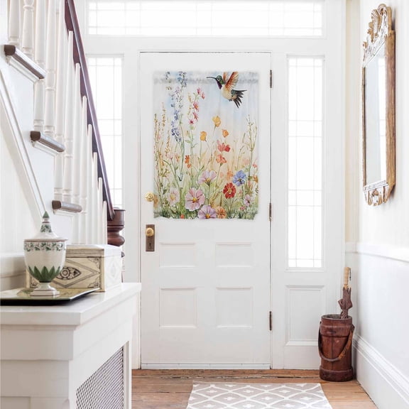 Spring Floral Door Curtains for Door Window, French Sidelight Front Back Door Curtains With Tieback, Hummingbird Summer Botanical Watercolor Kitchen Rod Pocket Drapes Panel, 54"x40"
