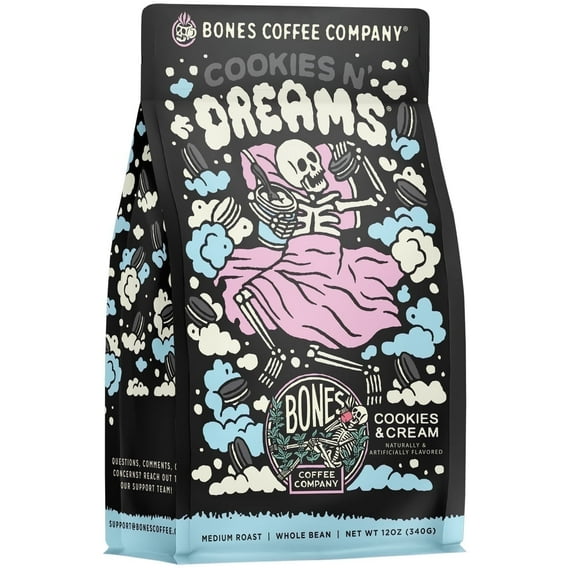 Bones Coffee Company Cookies 'N Dreams Ground Coffee Beans, Cookies & Cream Flavor, Low Acid Flavored Coffee, Made with Arabica Coffee Beans, Medium Roast Gourmet Coffee (12 oz)
