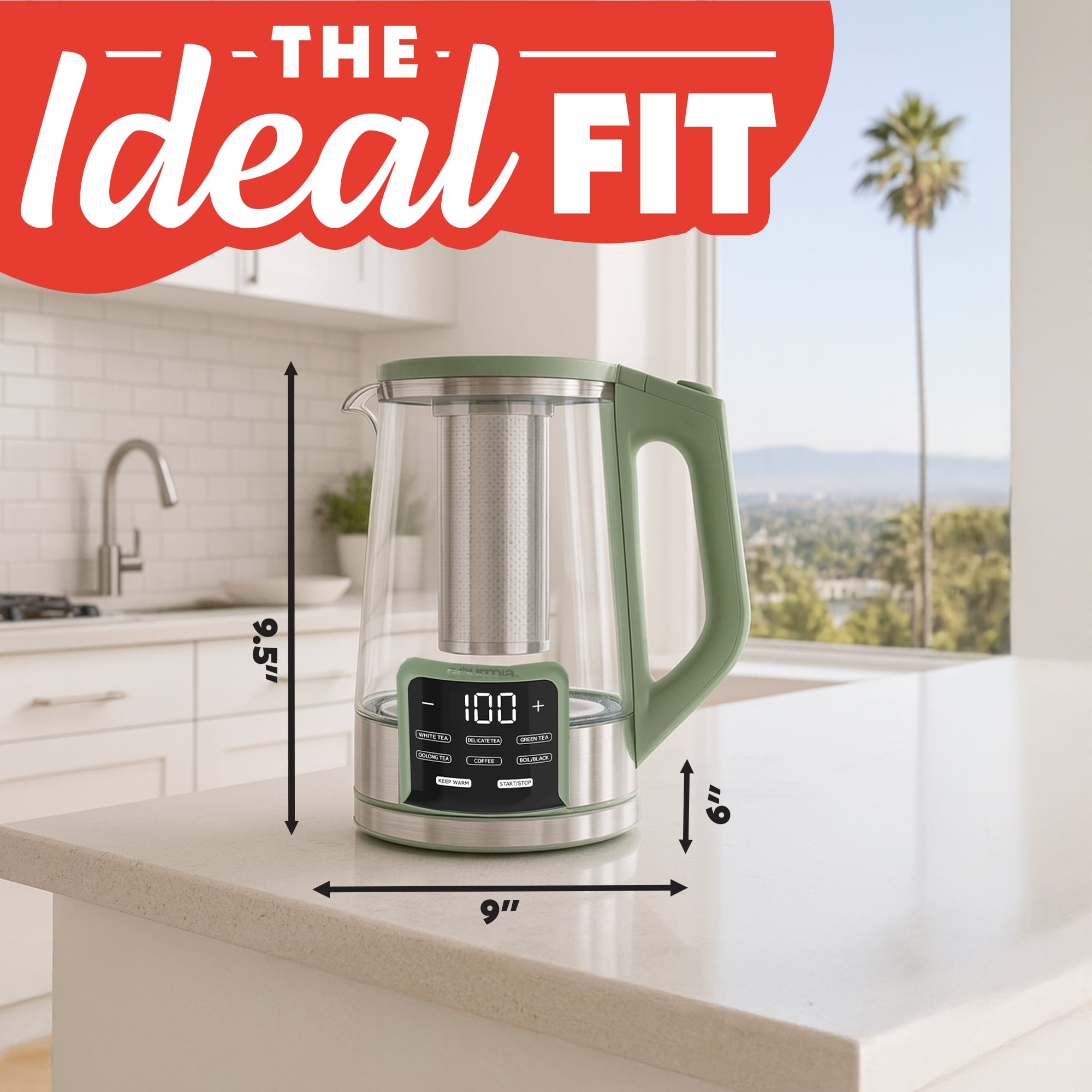 Gourmia Electric Kettle 1.7L with 6 Presets, Digital Display, and Tea Infuser, Green