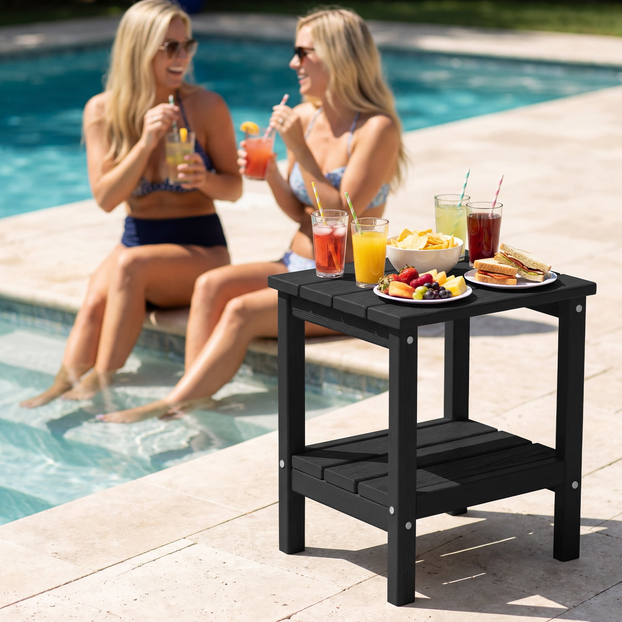 FUNDAZE HDPE 2-Layer End Table for Living Room, Outdoor Side Table, Patio Small End Table, Black