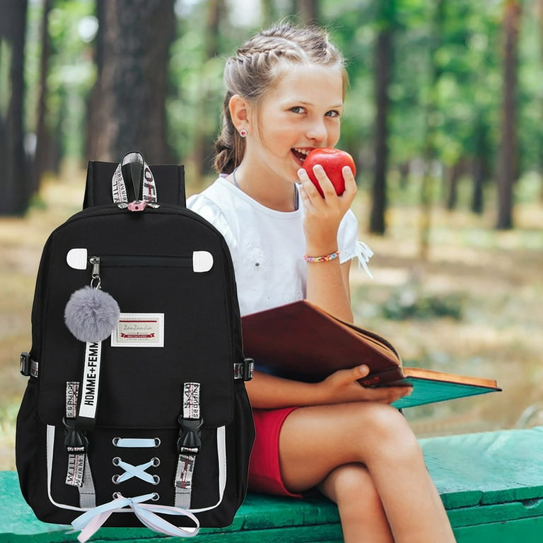 DAKIMOE Fashion Teenage Girls Backpack Student Middle School bag Men and Women Anti theft Laptop Backpack with USB Charging Port Black One Size
