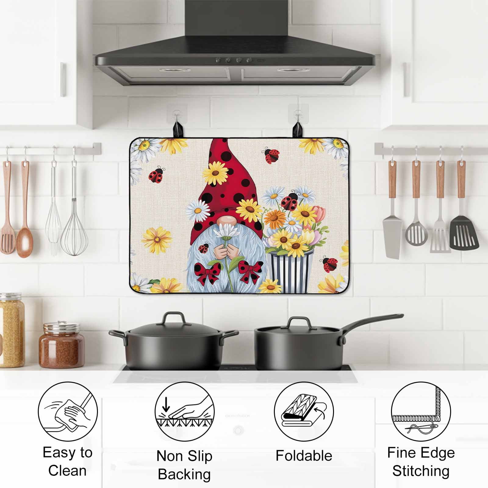Beige Gnomes Daisy Stove Top Cover for Electric Stove, Heat-proof & Non Slip Glass Top Stove Cover Protector, Pastoral Country Garden Floral Kitchen Flat Cooktop Rubber Mat 36x21 Inches