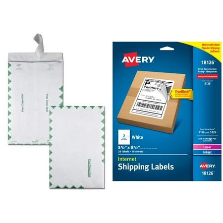 Avery White Shipping Labels with TrueBlock Technology 18126, 5-1/2" x 8-1/2", 20pk and Quality Park Survivor Tyvek First Class Envelopes Bundle