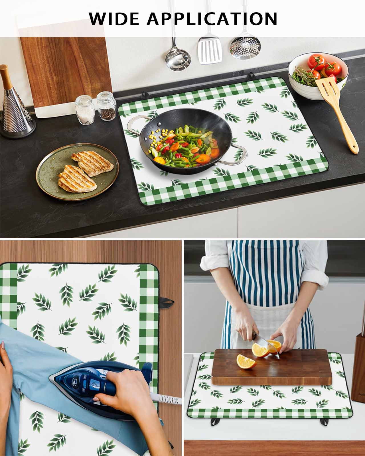 nqOlkjepod Large Induction Cooktop Protector Mat 24"x21", Botanical Leaf Stove Top Covers for Electric Stove, Green Buffalo Plaid Checkered Country Stove Burner Cover Mats, Glass Top Stove Cover