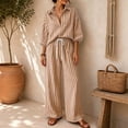 thumbnail image 6 of Womens Striped Set 2 Piece Outfits 3/4 Puff Sleeve V Neck Top and Drawstring High Waist Palazzo Pants, M, 6 of 6