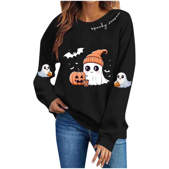 Ynynloco Halloween Spooky Season Sweatshirt Women: Oversized Ghost Sweatshirts Fall Winter Holiday Party Pullover Top