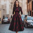 thumbnail image 5 of Women’s Black Satin Midi Dress Round Neck Three Quarter Sleeve Dress with Red Rose Print Hidden Side Pockets and Vintage Floral Style, 5 of 6