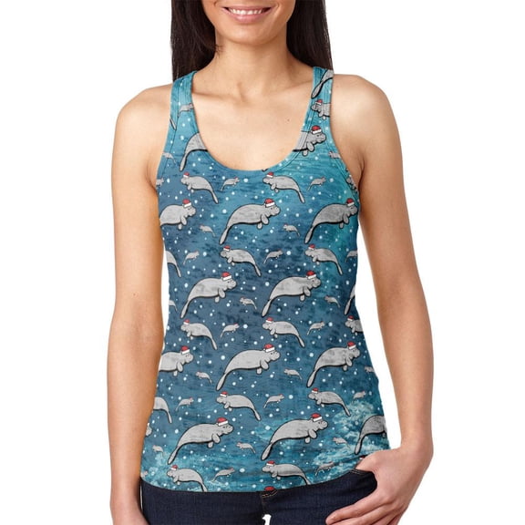 Christmas Manatee Floaty Potato Pattern Juniors Burnout Racerback Tank Top Multi LG