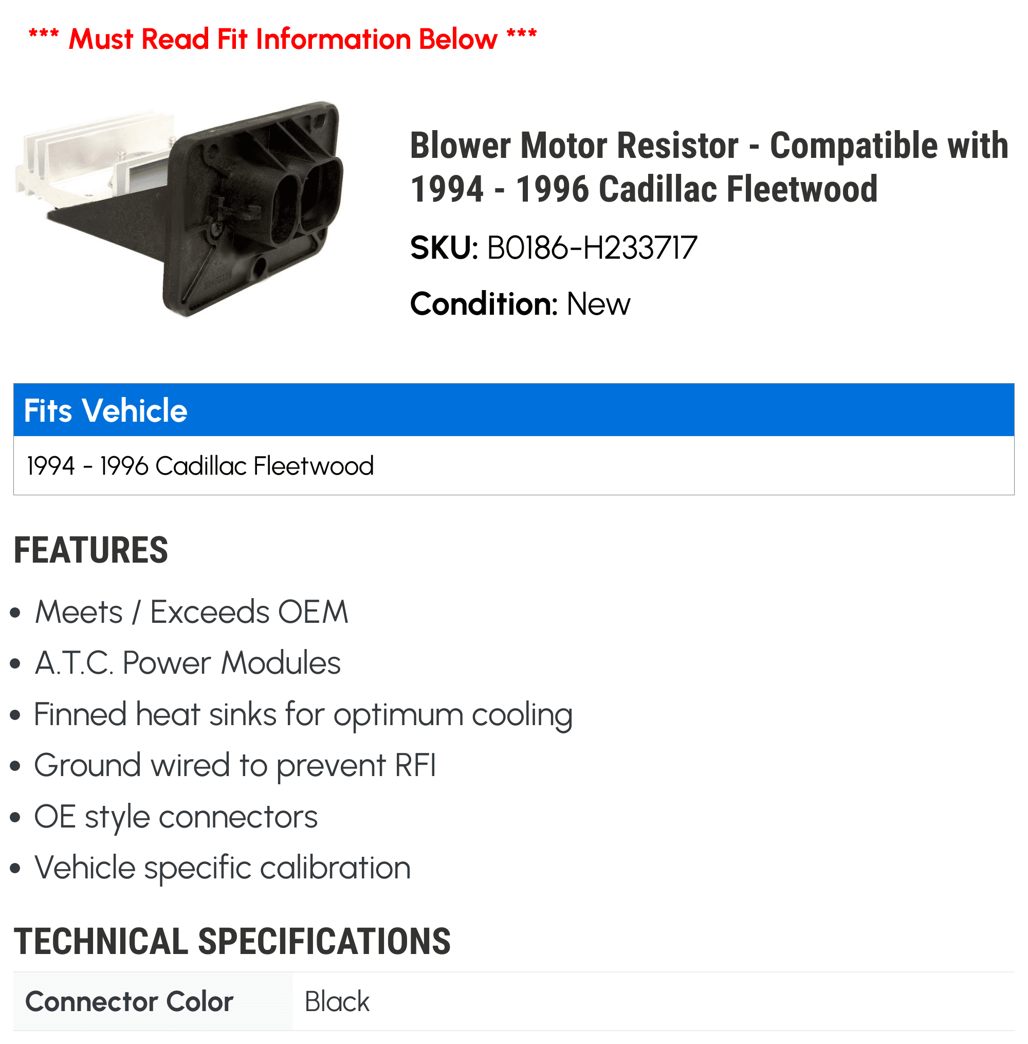 Blower Motor Resistor - Compatible with 1994 - 1996 Cadillac Fleetwood 1995