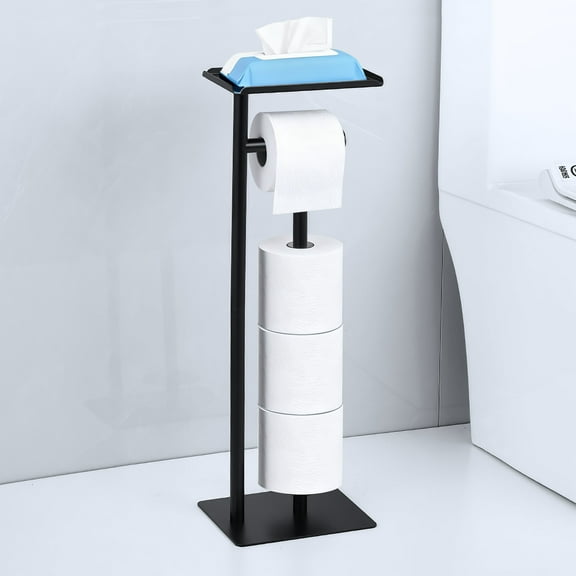Toilet Paper Holder Free Standing – Rustproof Metal Paper Towel Holder for 4 Rolls with Anti-Slip Base and with Top Storage Shelf for Phone & Small Items, Bathroom Organizers and Storage, Black