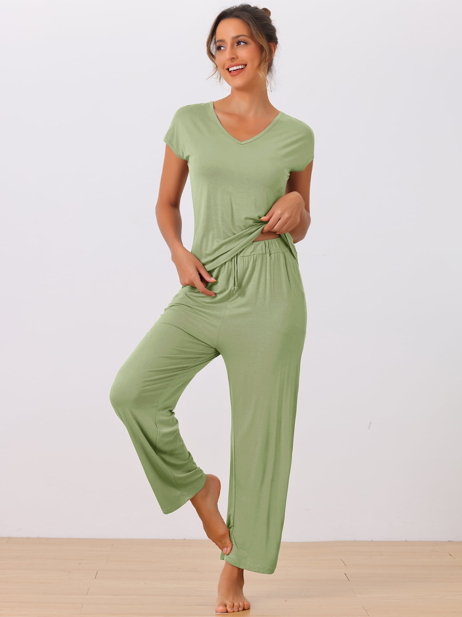 DARING DIVA Women's Short Sleeve Pajama Set Loungewear Long Pants Sweatsuit S Light Green