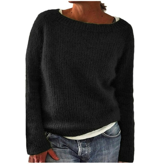 Hpapadks Oversized Sweaters for Women Boat Neck Knitted Sweaters Vintage Long Sleeve Solid Lightweight Pullover Top Womens Sweater Black L