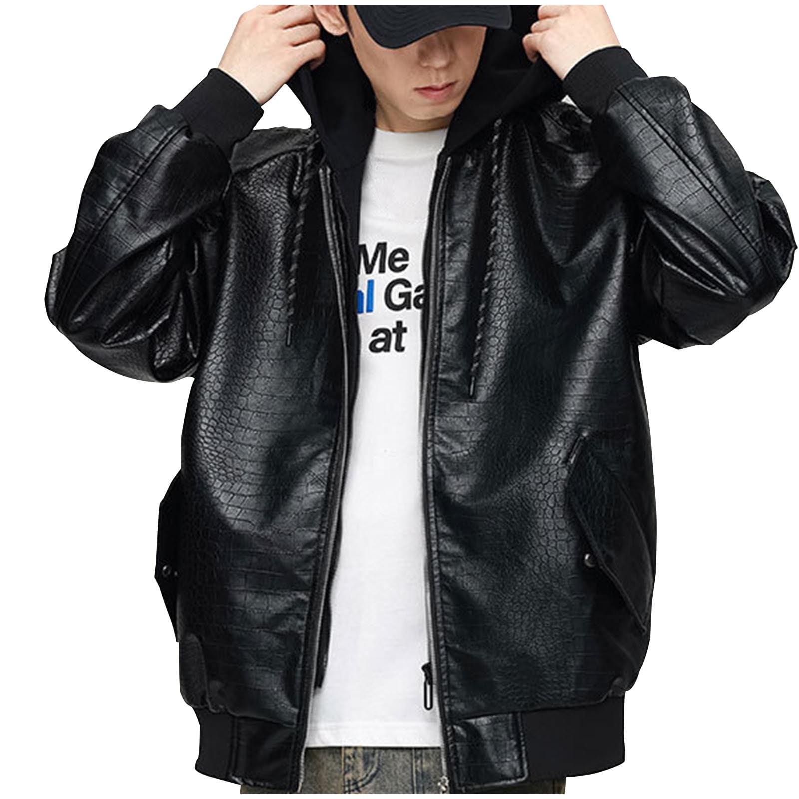 Maoxin Mens Leather Jacket Men Fashion Solid Color Zipper Pocket Hooded Long Sleeve Hooded Leather Outwear Leather Jacket Men