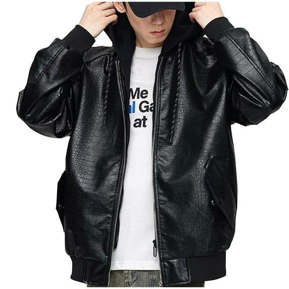 YLSDY Men's Fashion Faux Leather Jacket Zipper Hooded Flight Jacket Loose Fit PU Leather Motorcycle Outwear Large Black XL
