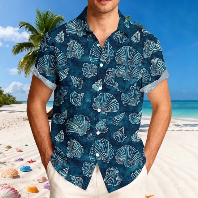 Ceisia Men's Hawaiian Ice Blue Shell Print Short Sleeve Shirt | Navy Casual Button Down Beach Top Gifts