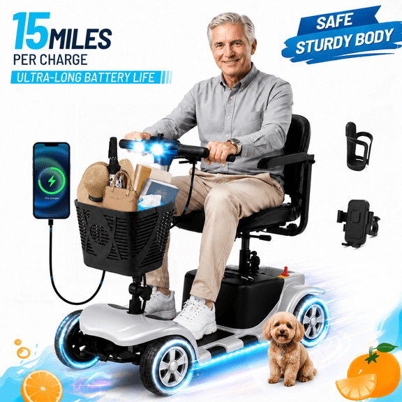 Foldable Mobility Scooter for Adults Elderly– 4-Wheel Portable Motorized Scooter with 300 lbs Capacity, Detachable Battery,Including Charger