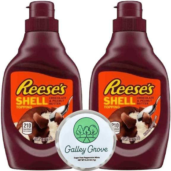 Reeses Shell Chocolate Peanut Butter Flavor Ice Cream Topping (2-Pack) Bundle With Galley Grove Sugar Free Peppermint Breath Mints