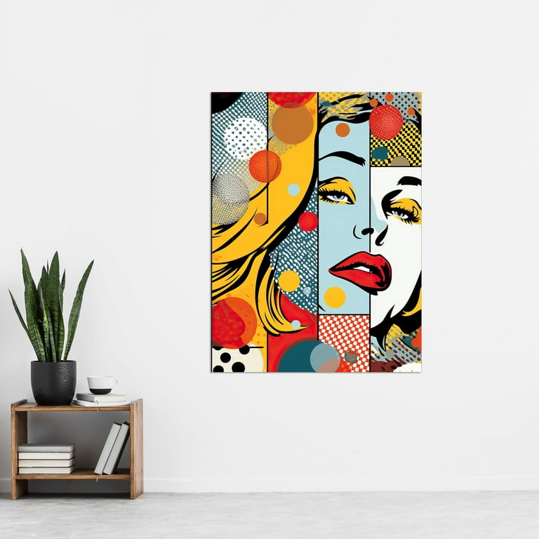 Abstract Geometric Patterns and Bubbles with Woman Face Comic Book Style  Pop Art Halftone Extra Large XL Wall Art Poster Print