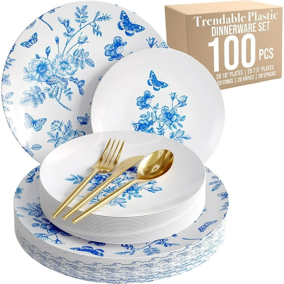 Trendables Fancy Plastic Dinnerware Sets 100 Pc Set 20 Guests Gold Silverware Disposable 20 X 10 Inch Charger Plates 20 X 8 Inch Dessert Plates 20 x Gold Plastic Forks and Spoons Knives In Botanical