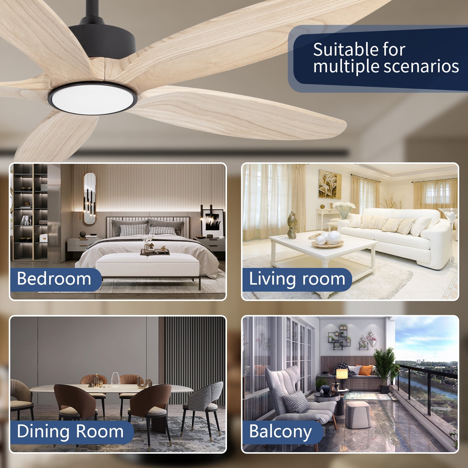 Wozzio 52-Inch Ceiling Fan with LED Light and Remote, 5 Natural Wood Blades, Modern