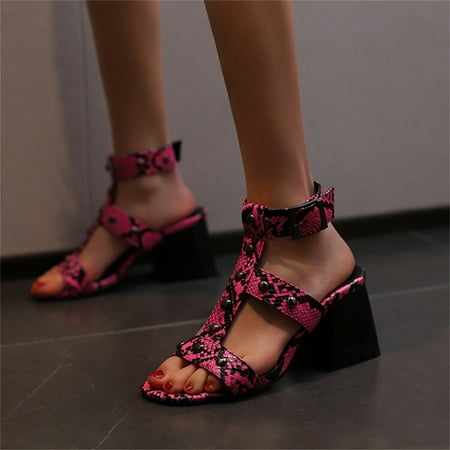 

Ediodpoh Ladies Fashion Snakeskin Leather Hollow Open Toe Metal Decorative Thick High Heel Buckle Roman Sandals Womens Sandals Hot Pink 9(42)
