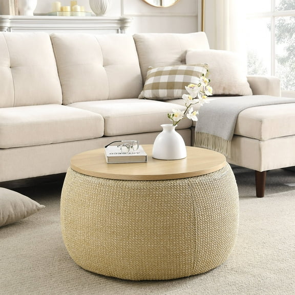 Round Storage Ottoman, Upholstered Coffee Table with Wooden Lid, 2 in 1 Function End Table Footstool for Living Room Office, Work as Side Table & Ottoman & Seat, (25.5"x25.5"x14.5"), Natural