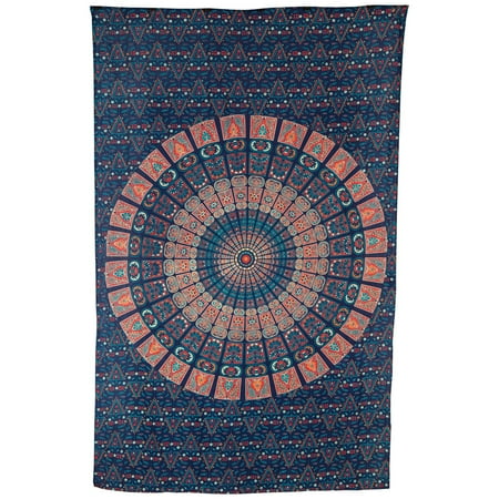- Luna Bazaar Cyra Bohemian Mandala Tapestry, Wall Hanging, and Bedspread (Medium, 4.5 x 7 Feet, Blue and Orange, 100% Cotton, Fair Trade Certified)