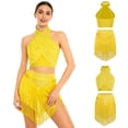 thumbnail image 3 of iiniim Women's Cha Cha Latin Salsa Dance Outfits Sleeveless Ruched Crop Top with Fringe Swing  Skirt Yellow XL, 3 of 7
