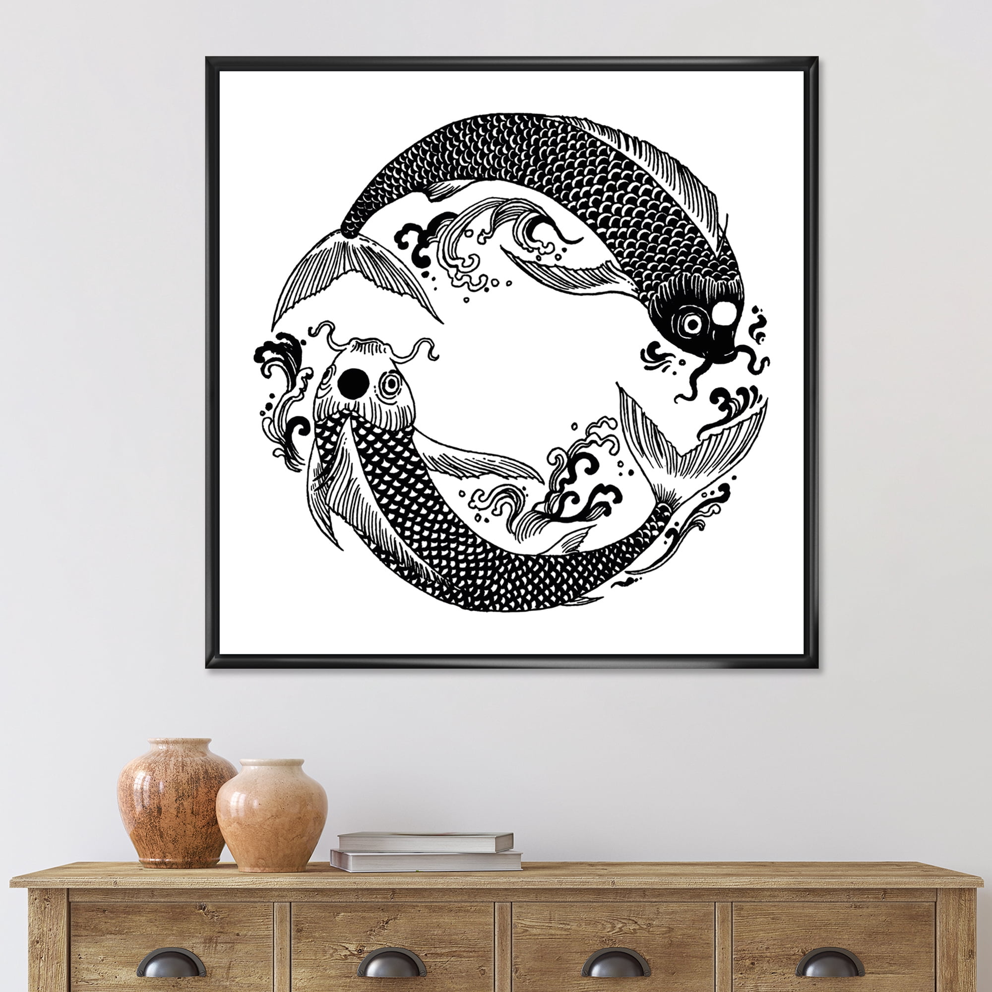 Designart 'China Koi Fish In Chinoiserie Style III' Nautical & Coastal Framed Canvas Wall Art Print