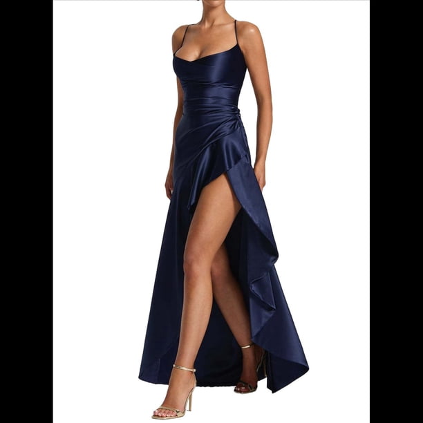 Vestido de Cóctel para Mujer, Ajustado, Informal, , con Escote en V, Sin Mangas, de Satén, con Volantes en el Bajo y Espalda Descubierta. Azul Oscuro S