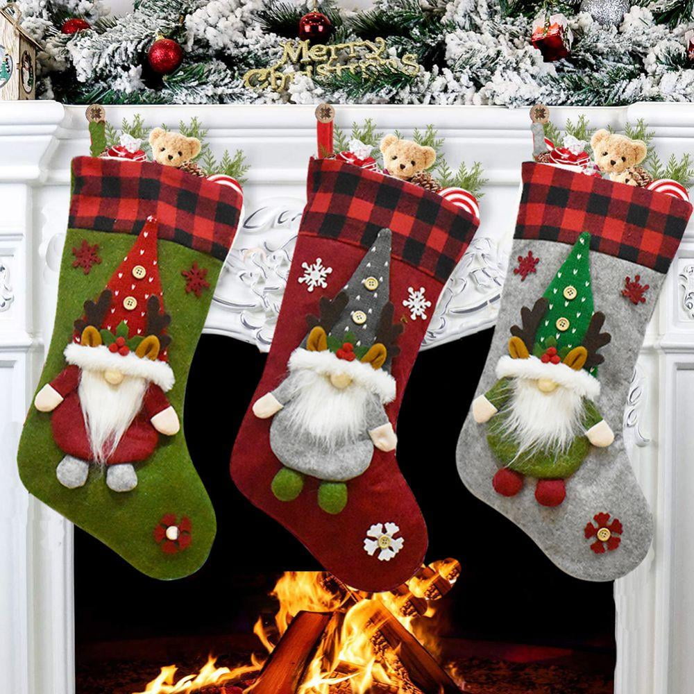 Christmas Stockings Hangers Xmax Gift Socks Candy Bags 3D Pattern Fabric Decor 
