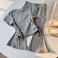 thumbnail image 2 of Paguaki Girls 2 Outfits Short Sleeve Ruched Drawstring Crewneck Tops Flare Leg Pants Summer Clothing Sets, 2 of 6