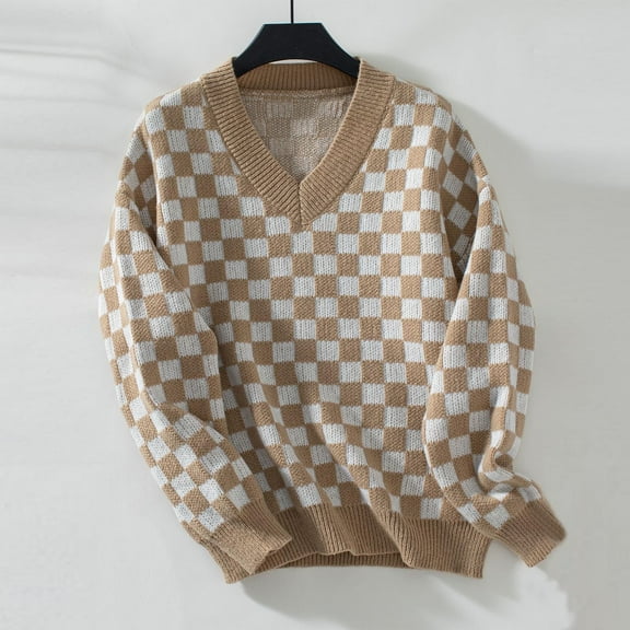 Qetyuw Womens Checkered Sweater Casual Knitted Plaid V Neck Pullover Jumpers Oversized Chunky Long Sleeve Sweaters