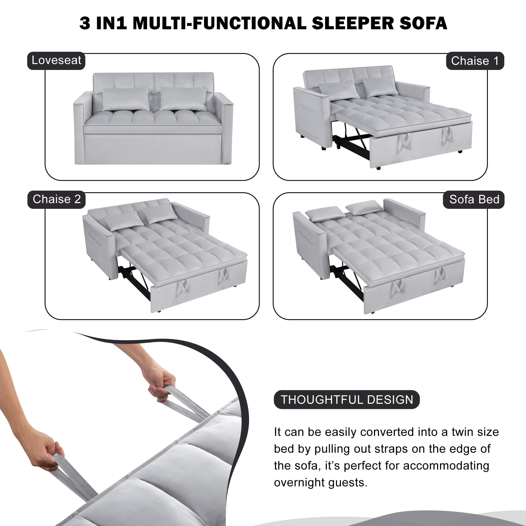BSHTI 54" Fold out Sleeper Sofa Bed,Convertible Twin-Size Bed,With 3 Angles Adjustable Backres,Velvet Upholstery,Easy Assembly, Light Gray