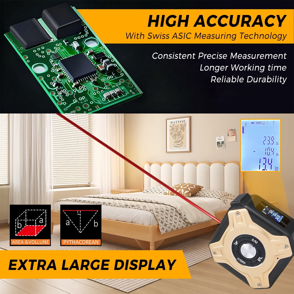 2-in-1 Laser Tape Measure, 197Ft Laser Rangefinder & 16Ft/5m Magnetic Self-Locking Tape with 6 Measurement Modes, Rechargeable Backlit LCD, Belt Clip for Construction DIY Home Renovation