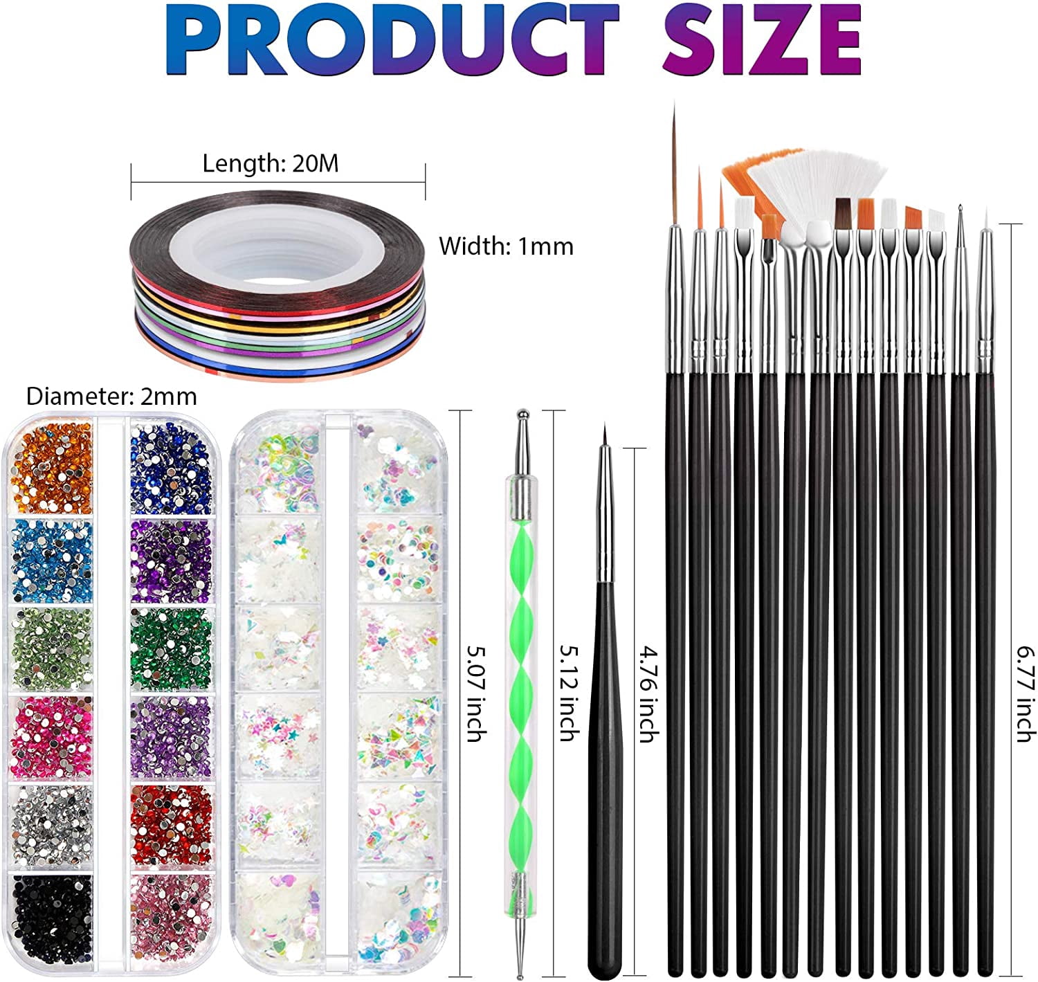 Nail Art Brush, 3D Nail Art Decorations Kit with Nail Pen Designer Dotting Tools Colors Holographic Nail Glitter Foil Flakes Nail Tape Strips Nails Rhinestones Professional Nail Accessories