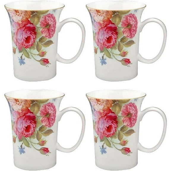 Gracie Bone China 10-Ounce Trumpet Mug, Pink Sandra's Rose, Set of 4, Gold Trimmed