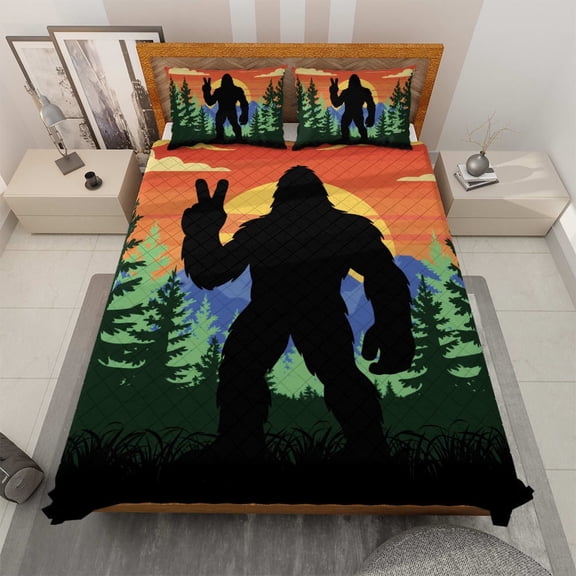 Lotusprinthandmade Bigfoot in Forest Quilt Bedding Set