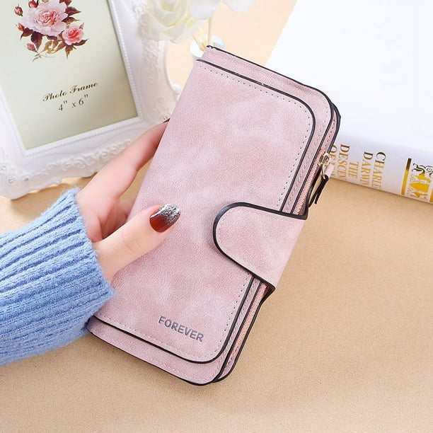 Cartera de mujer con hebilla, bolso grande de tres pliegues a la moda para mujer, cartera multitarjeta para mujer, tela esmerilada de dos colores