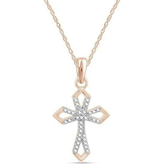 Real 925 Sterling Silver 14K Rose Gold Plated Round Cut Diamond Accents Cross Pendant Necklace For women