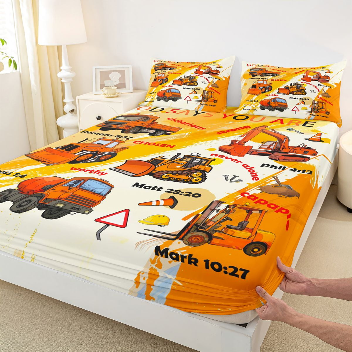 Manfei Orange Graffiti Twin Sheet Set,Construction Vehicles,Luxury Decor For Boys,3-Piece