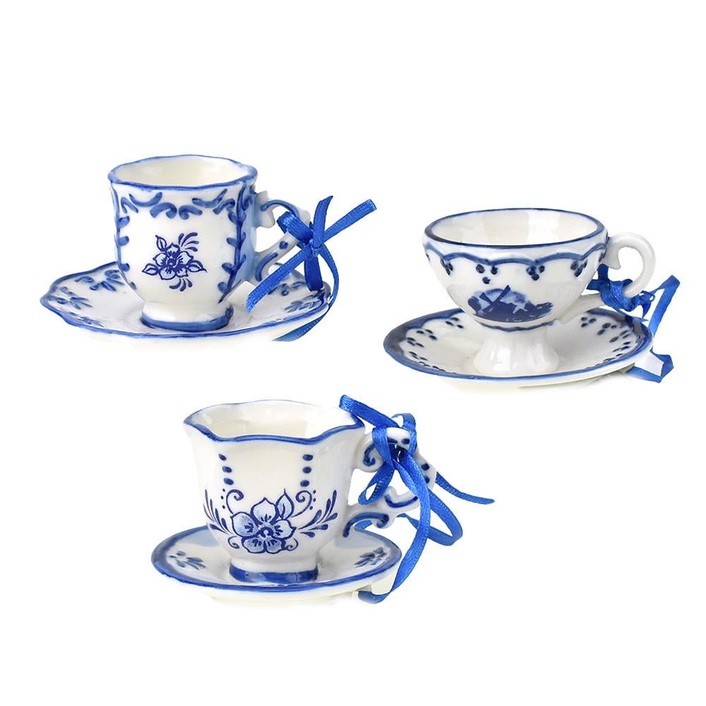 Porcelain Teacup and Saucer Christmas Ornaments, 2Inch, 3Piece