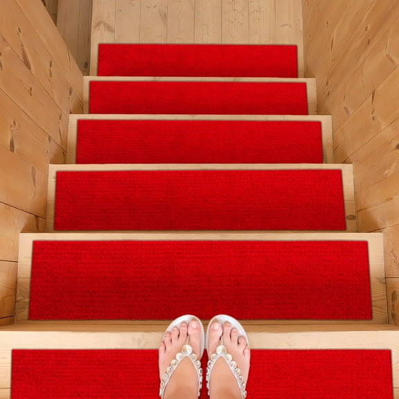Ottomanson Indoor/Outdoor Non-Slip Stair Treads for Wooden Steps 8" x 30" Rubberback Step Mat, 14 Pack, Red