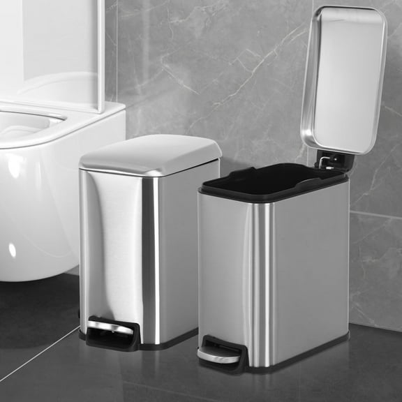 YRLLENSDAN Trash Can 1.3 Gallon (5 L), Slim Trash Bin with Lid Soft Close for Small Space, Step Pedal Garbage Cans for Kitchen Bathroom Bedroom Office, (2, Silver)