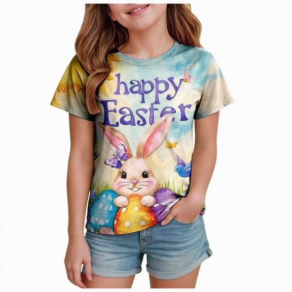 UngA Easter Tops for Girls Bunny Kids Graphic Tees Summer Short Sleeve Tops Funny Rabbit Toddler Girl Tshirt (Light Blue,6-7 Years)